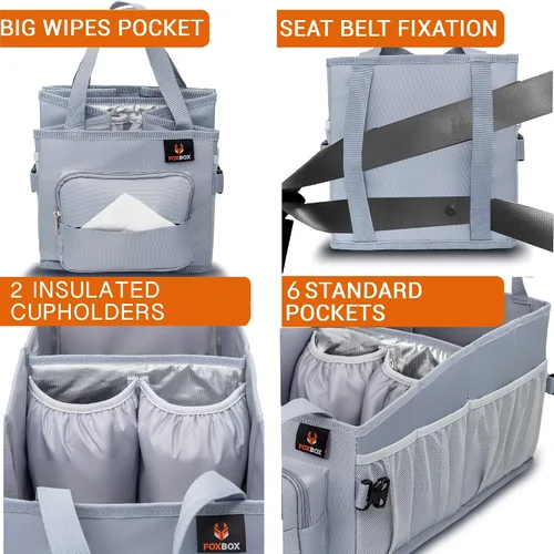 Vista 3 de Organizador de automóvil para niños de fácil acceso con caja de pañuelos y portavasos para asiento trasero, asiento delantero, entre asientos, piso
