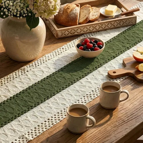 Vista 3 de Artoid Mode Camino de Mesa Rústico de Granja Verde Militar, Decoración Estacional Navideña de Mesa de Cocina y Comedor Hueca para Decoración