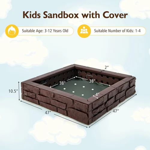 Vista 7 de Costzon Caja de arena para niños con cubierta, caja de arena de polietileno de alta densidad de 47 x 47 pulgadas con cubierta Oxford, forro Marrón