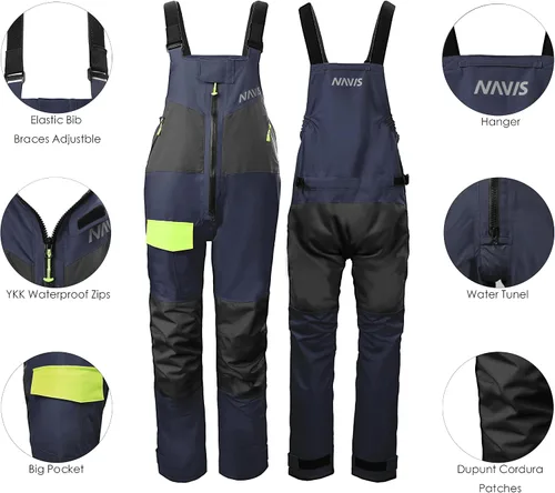 Vista 5 de NAVIS MARINE Conjunto combinado de chaqueta de vela y pantalones con peto, Ocean PRO - Traje de lluvia para pesca en ángulo, impermeable