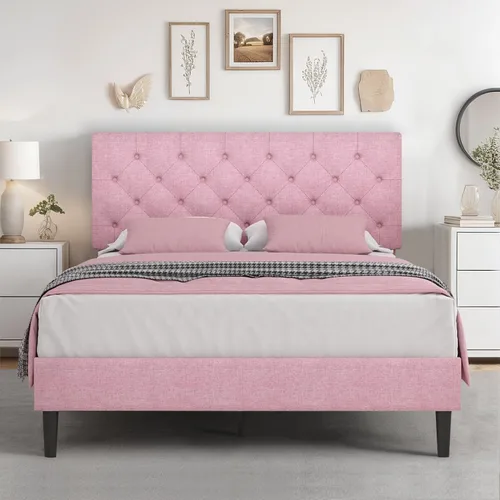 Vista 21 de HOMBCK Base de cama de tamaño individual con cabecera, base de cama tapizada con plataforma de lino para niños, base de cama de tamaño individual
