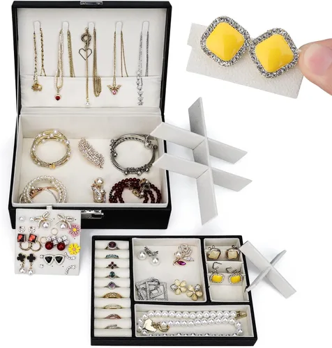 Vista 4 de USION Joyero para mujeres, niñas, novia, esposa, regalo, organizador de joyas de cuero, soporte con bandeja extraíble para aretes, pulseras