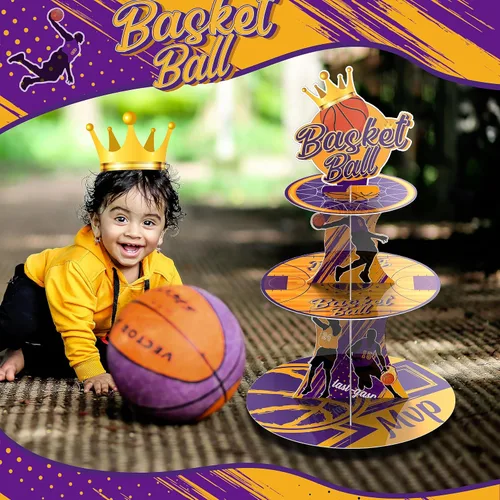 Vista 2 de Soporte para cupcakes de baloncesto MVP de 3 niveles con temática de baloncesto, decoración de fiesta de cumpleaños, torre de cupcakes