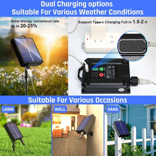Vista 2 de Nuevas luces de cuerda solares mejoradas para exteriores, impermeables, 32m, 300 LED, luces de tira solares con control remoto, temporizador