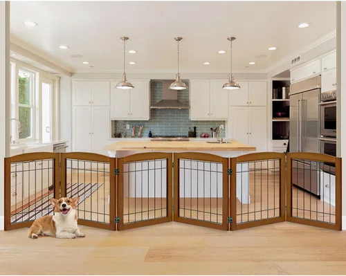 Vista 29 de LZRS Puerta plegable independiente de madera para perros de 2 paneles, madera maciza y alambre de acero, barrera para mascotas resistente a