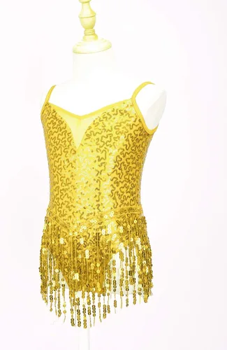 Vista 3 de Xnihocha Vestido de baile latino con borlas y lentejuelas brillantes para niñas y niñas, falda tutú, leotardo, moderno, disfraz de salón de jazz