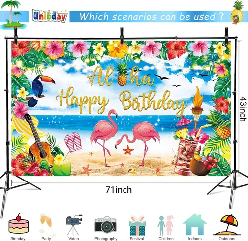Vista 2 de Decoraciones de fiesta de cumpleaños Luau de alta calidad, pancarta Aloha con texto en inglés "Happy Birthday", grande de 72 x 44 pulgadas, diseño