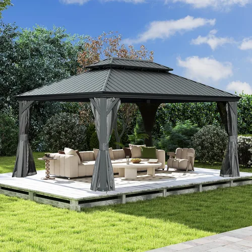 Vista 31 de Domi - Cenador de techo rígido de 8 x 8 pies con malla y cortinas, cenador para exteriores con techo doble de acero galvanizado para patio, césped