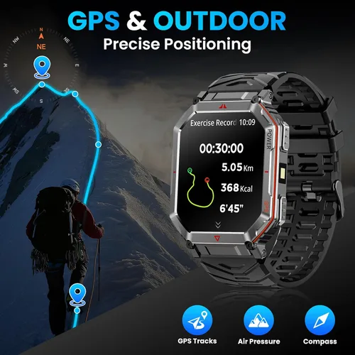 Vista 2 de Reloj inteligente GPS militar para hombres, asistente de voz GPT, reloj inteligente con linterna LED, pantalla HD de 2.01" con Bluetooth