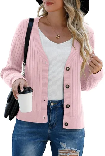 Vista 4 de Cárdigan de manga larga para mujer, cárdigan con botones al frente abierto para mujer, suéteres casuales de invierno y otoño