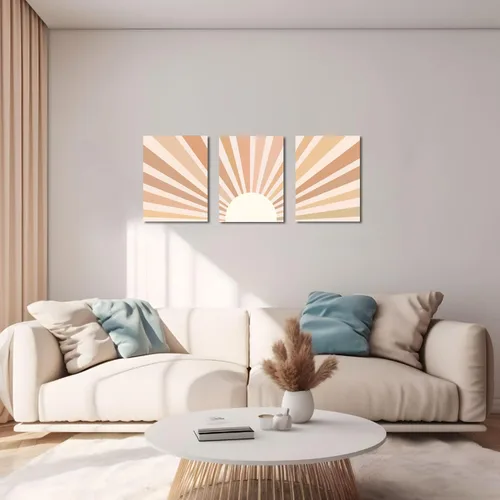Vista 4 de YokiMino Juego de 3 arte bohemio para pared, lienzo enmarcado moderno de mediados de siglo, diseño de líneas geométricas de naturaleza para sala