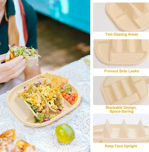Vista 5 de Platos pequeños desechables para tacos con lados para mojar - Paquete de 100, porta tacos de almidón de maíz biodegradable, tamaño mini