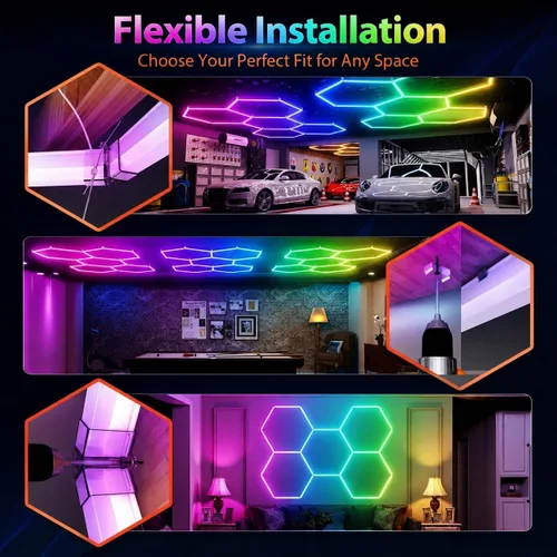 Vista 7 de 25Pack RGB Hexagon Lights,Music Sync 5Hex LED Hexagon Lights,RGB 358 Kinds of Changes Dimmable Speed-Adjustable DIY Color-Changing Lights Smart App