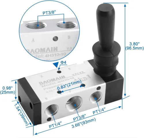Vista 5 de Baomain Válvula de control manual de palanca de mano 4H310 – 10 G3/entrada de aire 8" 5 Way 2 Posición