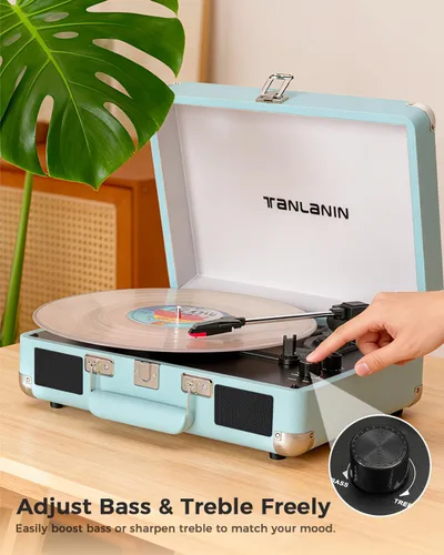 Vista 2 de Tocadiscos de maleta Bluetooth con altavoces integrados, control de graves y agudos, tocadiscos de transmisión por correa de 3 velocidades