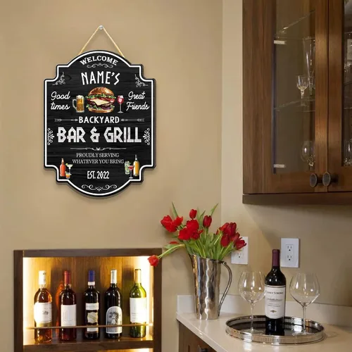 Vista 7 de Artsy Woodsy Letrero personalizado para bar y parrilla en el patio trasero (no tallado o neón), decoración de placa artística de pared, accesorios