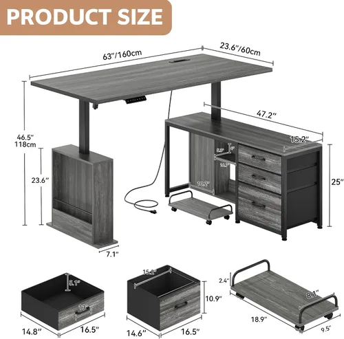 Vista 2 de Escritorio eléctrico en forma de L de 63 pulgadas con 3 cajones, color gris with Storage Computer Desk Adjustable Height with Power Outlets 4