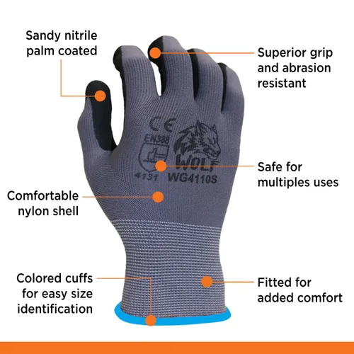 Vista 4 de WOLF - Guantes de agarre de palma ultrafinos con revestimiento de espuma de nitrilo de calibre 13, multiusos (24, grande)