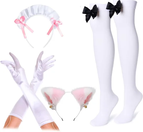 Vista 7 de Elibelle Disfraz de anime japonés clásico Sissy Maid Sweet Kawaii de corazón para cosplay, guantes peludos con orejas de gato