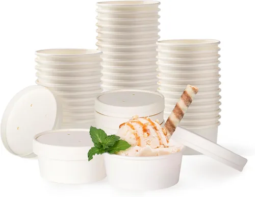 Vista 11 de Juego de 50 tazas desechables de helado blanco de 12 onzas con tapa, tazas de papel para llevar, taza de papel para llevar, recipiente de comida