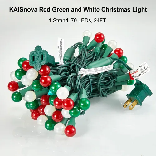 Vista 7 de Luces de Navidad para exteriores, 70 luces LED de 24 pies, color rojo, verde, blanco, luz de Navidad con bombillas perladas con certificación UL