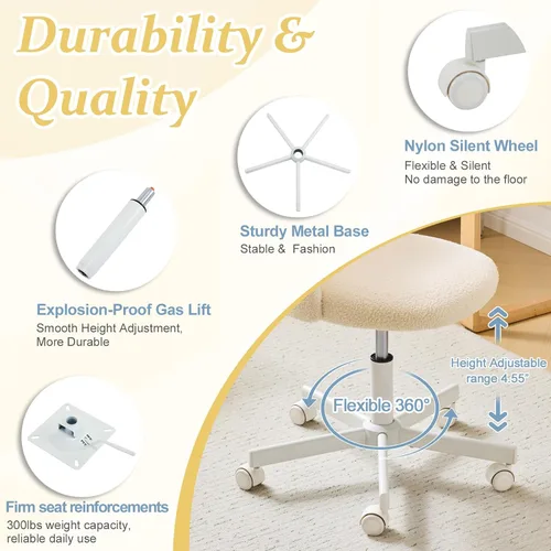 Vista 3 de VINGLI Silla Candy sin Brazos, Linda Silla de Escritorio, Cómoda Silla Pequeña de Oficina con Ruedas, Silla de Tocador con Soporte Lumbar, Silla