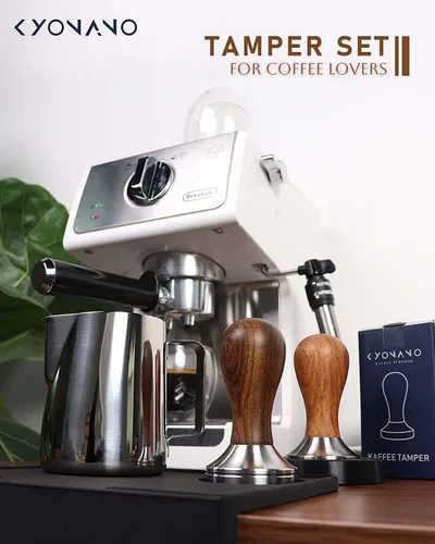Vista 6 de KYONANO Espresso Tamper 2.008 in – Tamper con mango de madera Chacate Preto – Tamper de café más jarra de espuma de leche 11.8 fl oz y alfombrilla