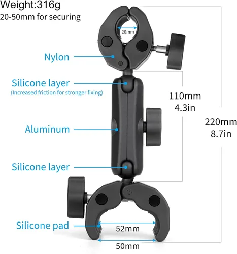 Vista 2 de SOONSUN Soporte de cámara de doble abrazadera para silla, escritorio, cochecito, vagones, trípode, poste, soporte de luz, barra cruzada, carrito