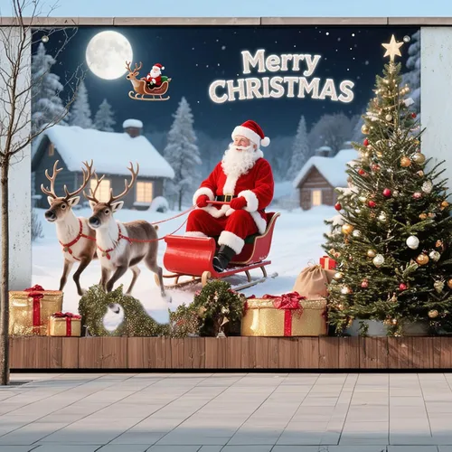 Vista 6 de BlissYard Pancarta de Fondo de Navidad de 8 x 6 pies Papá Noel Trineo Reno Feliz Navidad Árbol Muñeco de Nieve Regalos País de las Maravillas