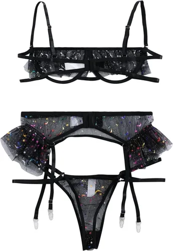 Vista 2 de LilosySexyUnderwireCuteSheerKawaiiGarterBeltLingerieSetBraandPanty3Piece