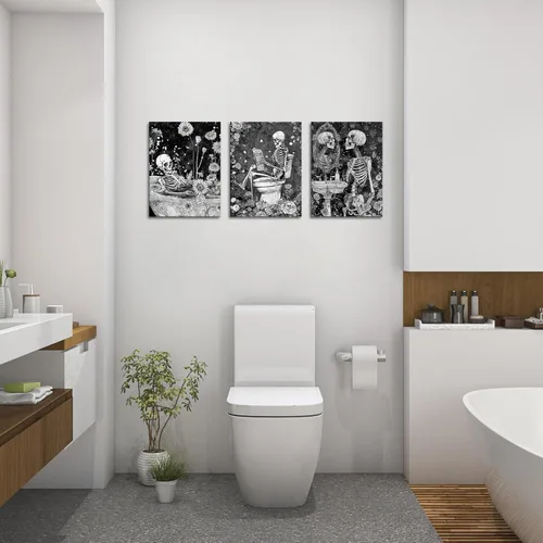 Vista 2 de FuShvre Decoración de esqueleto para baño, cuadros artísticos de pared de esqueleto Moody para baño, pintura gótica para decoración del hogar, Negro