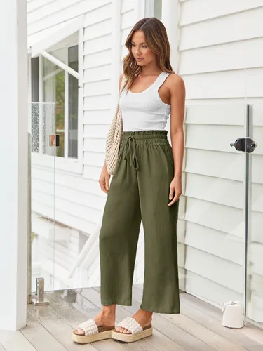 Vista 3 de LILLUSORY Pantalones de lino para mujer, casuales, de cintura alta, pierna ancha, con bolsillos