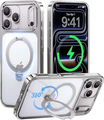 Vista 35 de CASEKOO Funda plateada brillante para iPhone 17 Pro con soporte magnético giratorio de 360 grados [compatible con MagSafe]