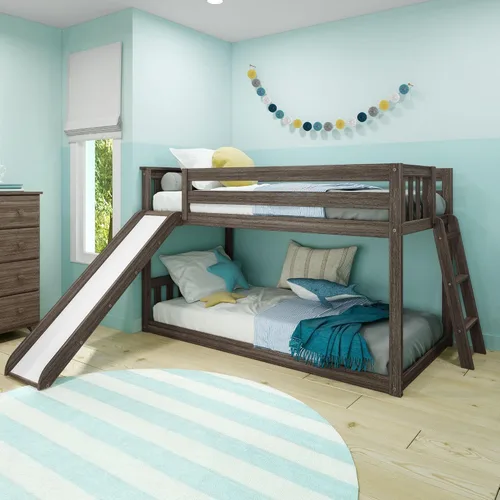 Vista 20 de Max & Lily - Litera baja, base de cama individual sobre individual para niños con escalera al final, color gris