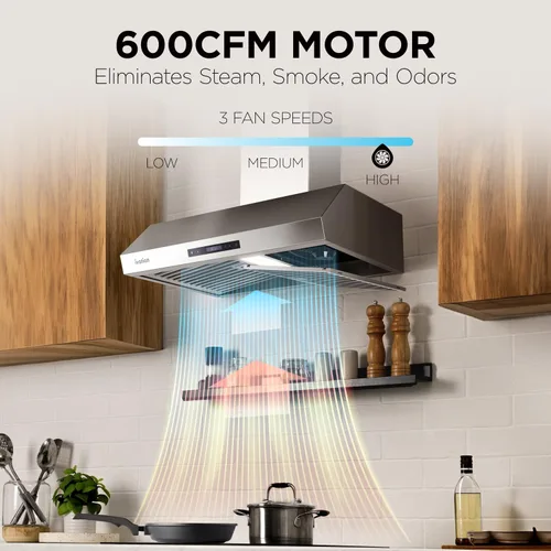 Vista 8 de Ivation Campana extractora de 30 pulgadas para debajo del gabinete, 600 CFM, ventilación de 3 vías, luz LED y reloj integrados, temporizador