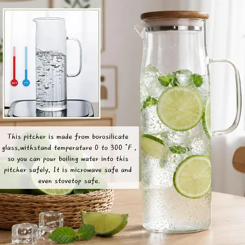 Vista 6 de hjn Jarra de vidrio con tapa, jarra de agua de vidrio con asa, jarra de agua para refrigerador, bebidas frías o calientes, té helado, leche, jugo