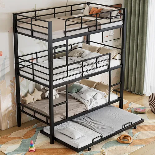 Vista 12 de Anwick - Litera de metal, litera triple para niños, adolescentes, adultos, niñas, niños, litera desmontable que se puede dividir en 3 camas Negro