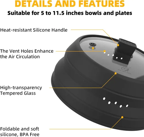 Vista 3 de Cubierta alta para salpicaduras de microondas, tapa protectora de vidrio de 5.8 pulgadas de altura con silicona plegable para plato de olla de Negro
