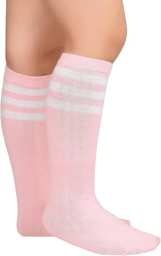 Vista 2 de Century Star Calcetines de fútbol para niños, calcetines de uniforme para niñas, calcetines altos hasta la rodilla, calcetines de tubo con rayas