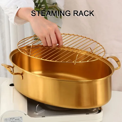 Vista 6 de Vaporizador de pescado de acero inoxidable, olla ovalada multiusos con estante, sartén de cerámica, portabrocas para cocinar pescado al vapor, sopa
