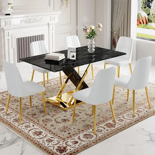 Vista 35 de Juego de mesa de comedor de mármol para mesa rectangular blanca de 6.63 pulgadas con marco de metal plateado en forma de X y 6 sillas de comedor