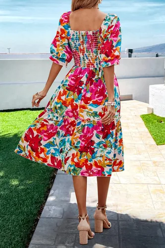 Vista 2 de PRETTYGARDEN - Vestidos informales de verano y primavera para mujer, manga abombada, cuello cuadrado, acampanados, bohemios, florales, fruncidos