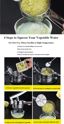 Vista 3 de Exprimidor de verduras de acero inoxidable, exprimidor de agua vegetal de metal con mango de silicona roja para exprimir líquido vegetal