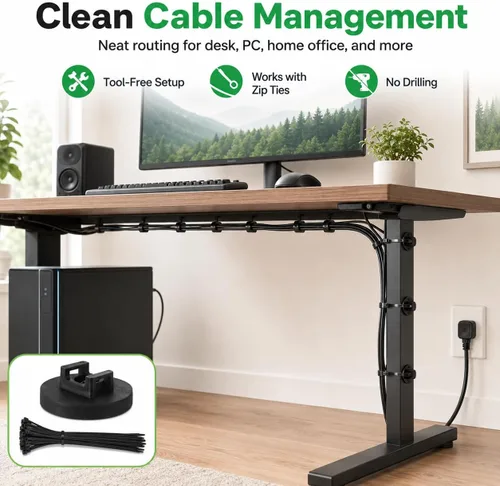 Vista 2 de Soportes magnéticos para bridas de cables, 12 bases magnéticas con 100 bridas para cables, organizador de gestión de cables multiusos para Negro