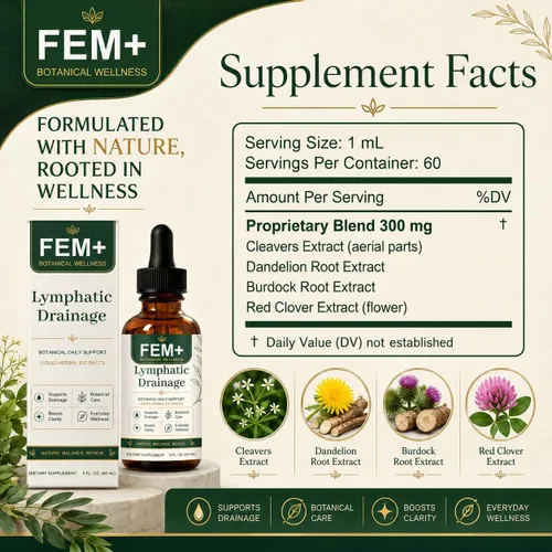 Vista 2 de Fem Gotas de drenaje linfático, fórmula herbaria de bienestar diario, 2 onzas líquidas/2 fl oz