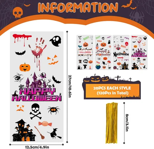 Vista 3 de JMANNI Bolsas de Celofán para Dulces de Halloween, 120 piezas Bolsas de Plástico Transparente para Halloween, Bolsas de Dulces con Murciélagos