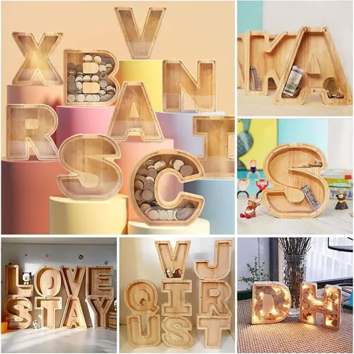 Vista 7 de Alcancía de Madera Personalizada con Letras del Alfabeto, Banco de Monedas con Letras del Alfabeto para Niños, Niñas y Bebés, Tamaño Grande, 26
