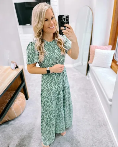 Vista 7 de Prettygarden - Vestido largo de manga corta con cuello redondo y cintura elástica fruncida para mujer, vestido de verano bohemio, floral