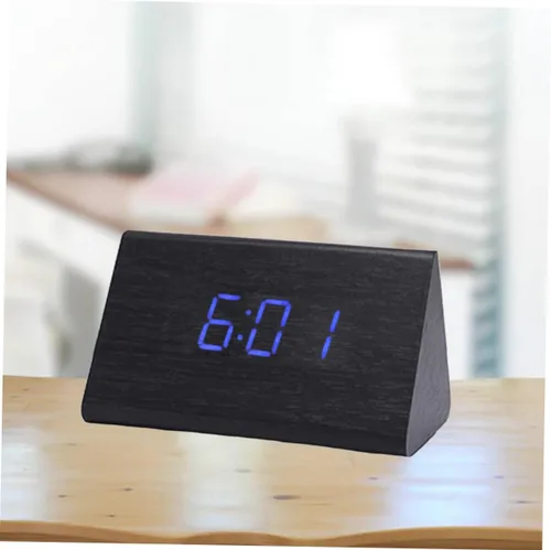 Vista 2 de Moderno reloj de escritorio LED de madera con control de sonido, pantalla digital grande, alarma con función de repetición, termómetro