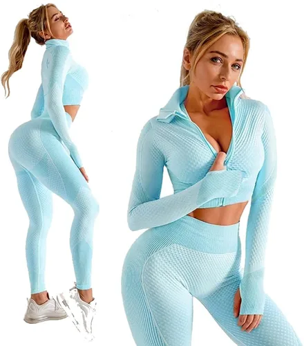Vista 2 de Veriliss Conjunto de 3 piezas de entrenamiento sin costuras para mujer, gimnasio, deportes, escuela, correr, yoga, ropa deportiva